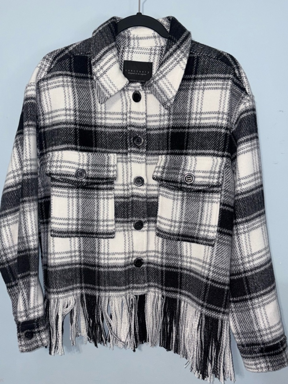 Small Sanctuary Anthropologie Black & White Plaid Fringe Utility shacket Jacket